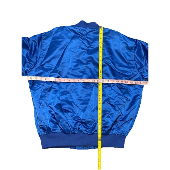 Vintage 80s Satin Bomber Jacket Guitar Embroidery Blue Snap Buttons - Picture 3 of 6